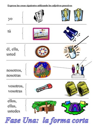 yo
tú
él, ella,
usted
nosotros,
nosotras
vosotros,
vosotras
ellos,
ellas,
ustedes
Expresa las cosas siguientes utilizando los adjetivos posesivos