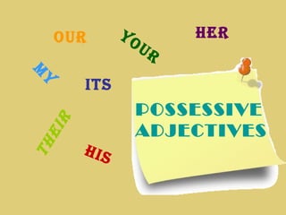 our her 
POSSESSIVE 
ADJECTIVES 
my 
their 
its 
h i s 
your 
 