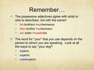Remember…The possessive adjectives agree with what or who is described, not with the owner!his brothers > sushermanostheir brother > suhermanoour sister > nuestratíaThe word for "your" that you use depends on the person to whom you are speaking.  Look at all the ways to say "your dog"!tuperrosuperrovuestroperro