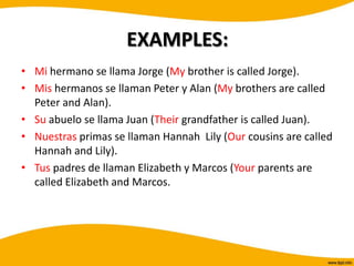 EXAMPLES:
• Mi hermano se llama Jorge (My brother is called Jorge).
• Mis hermanos se llaman Peter y Alan (My brothers are called
  Peter and Alan).
• Su abuelo se llama Juan (Their grandfather is called Juan).
• Nuestras primas se llaman Hannah Lily (Our cousins are called
  Hannah and Lily).
• Tus padres de llaman Elizabeth y Marcos (Your parents are
  called Elizabeth and Marcos.
 