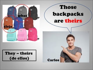 Those
backpacks
are theirs
Carlos
sebas
aleja
They – theirs
(de ellos)
 