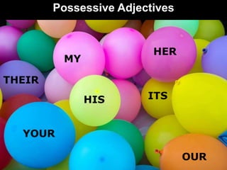 Possessive Adjectives
MY
YOUR
HIS
HER
ITS
OUR
THEIR
 