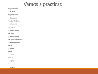 Vamos a practicar.
My grandmother
-> Mi abuela
My grandparents
-> Mis abuelos
Your (familiar) sister
-> Tu hermana
Our nephew
-> Nuestro sobrino
Our niece
-> Nuestra sobrina
Our nieces and nephews
-> Nuestros sobrinos
Her cat
-> su gato
His cat
-> su gato
Their cat
-> su gato
Their cats
-> Sus gatos
 
