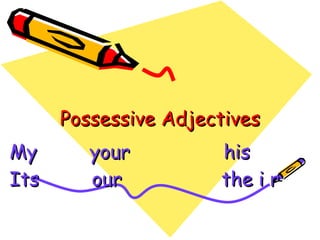 Possessive Adjectives My  your  his  Its  our  the i r 