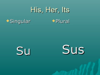 His, Her, Its
 Singular       Plural




    Su              Sus
 