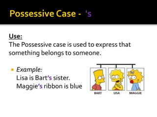 Use:
The Possessive case is used to express that
something belongs to someone.
 Example:
Lisa is Bart’s sister.
Maggie’s ribbon is blue
 