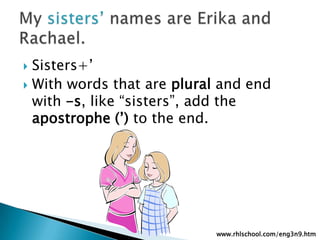 Sisters+’With words that are plural and end with -s, like “sisters”, add the apostrophe (’) to the end.My sisters’ names are Erika and Rachael.www.rhlschool.com/eng3n9.htm