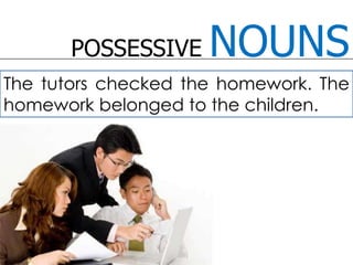 POSSESSIVE NOUNSThe tutors checked the homework. The homework belonged to the children. 