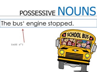 POSSESSIVE NOUNSThe bus‘ engine stopped. (add s’)