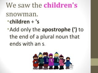 We saw the children's
snowman.
• children + 's
• Add only the apostrophe (') to
  the end of a plural noun that
  ends with an s.
 