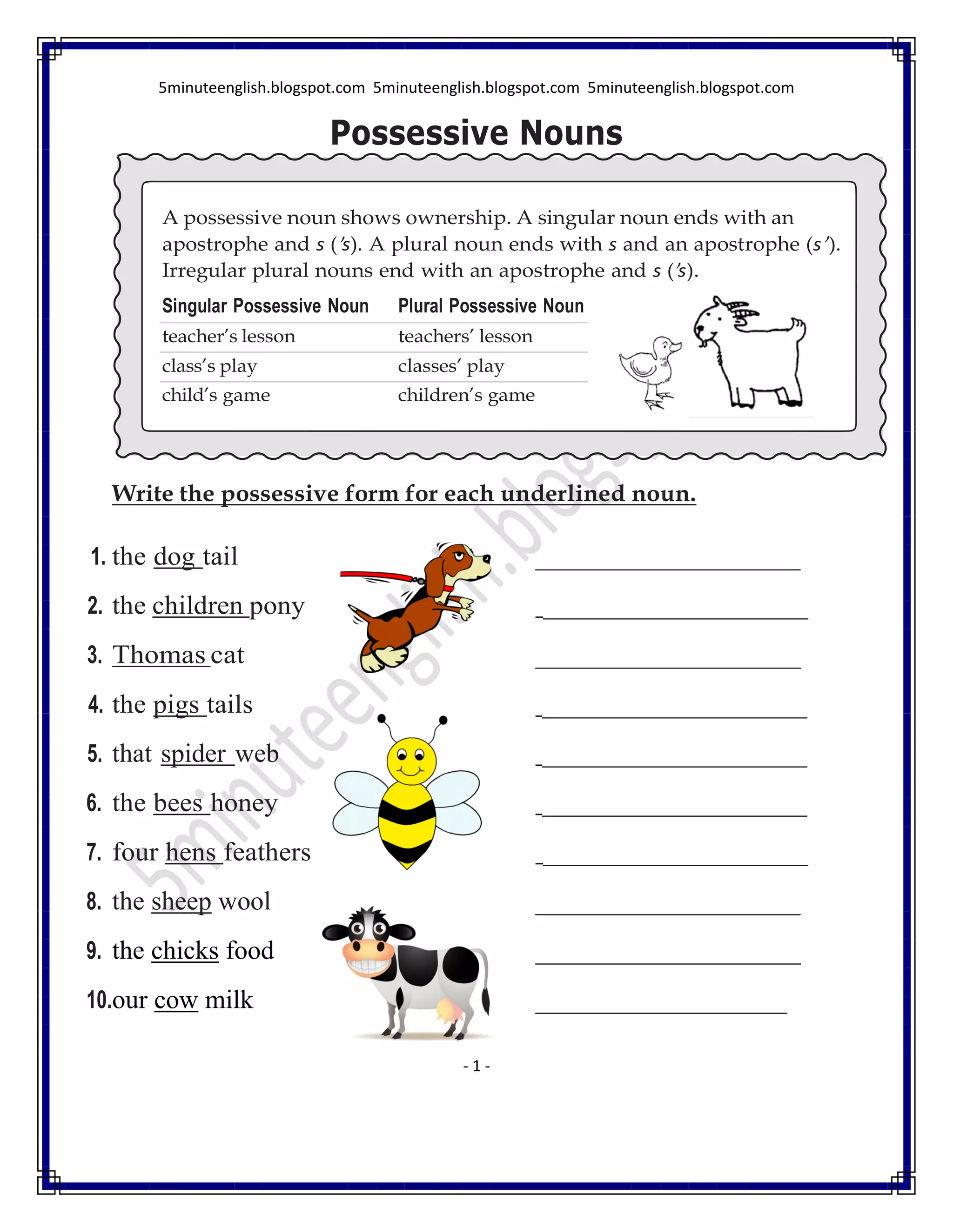 Download Free Possessive Noun Worksheets for 3rd Grade, image size:2048x2650