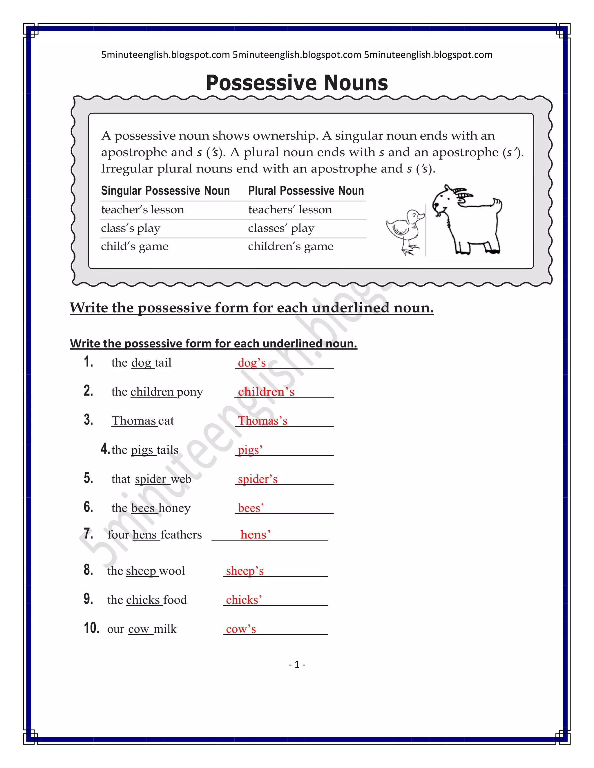 the possessive case of nouns - ESL worksheet by tsyr, image size:2048x2650