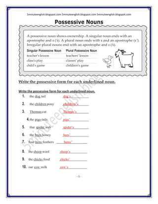 5minuteenglish.blogspot.com 5minuteenglish.blogspot.com 5minuteenglish.blogspot.com
- 1 -
Possessive Nouns
Write the possessive form for each underlined noun.
Write the possessive form for each underlined noun.
1. the dog tail dog’s
2. the children pony children’s
3. Thomas cat Thomas’s
4.the pigs tails pigs’
5. that spider web spider’s
6. the bees honey bees’
7. four hens feathers hens’
8. the sheep wool sheep’s
9. the chicks food chicks’
10. our cow milk cow’s
 
