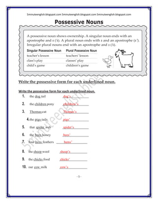 Possessive Nouns Worksheet Answers 5minuteenglish.blogspot.com | PDF Possessive Nouns Worksheet Answers 5minuteenglish.blogspot.com | PDF
