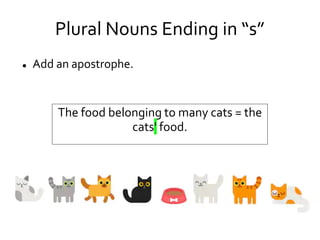 Plural Nouns Ending in “s”
 Add an apostrophe.
The food belonging to many cats = the
cats' food.
 