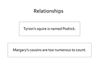 Relationships
Tyrion’s squire is named Podrick.
Margary’s cousins are too numerous to count.
 