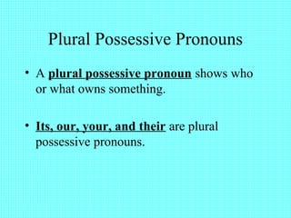 Plural Possessive Pronouns
• A plural possessive pronoun shows who
or what owns something.
• Its, our, your, and their are plural
possessive pronouns.