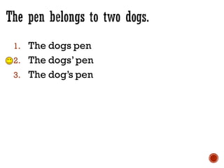 1. The dogs pen
2. The dogs’pen
3. The dog’s pen
 