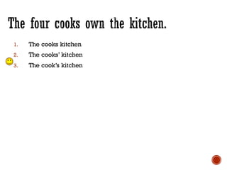 1. The cooks kitchen
2. The cooks’ kitchen
3. The cook’s kitchen
 