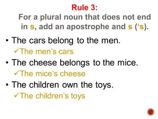 Rule 3:
For a plural noun that does not end
in s, add an apostrophe and s (‘s).
• The cars belong to the men.
✓The men’s cars
• The cheese belongs to the mice.
✓The mice’s cheese
• The children own the toys.
✓The children’s toys
 