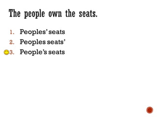 1. Peoples’seats
2. Peoples seats’
3. People’s seats
 