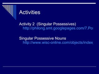 Activities

Activity 2 (Singular Possessives)
  http://philong.smt.googlepages.com/7.Posses

Singular Possessive Nouns
  http://www.wisc-online.com/objects/index_tj.a
 