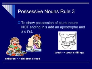 Possessive Nouns Rule 3

          To show possession of plural nouns
            NOT ending in s add an apostrophe and
            a s (‘s).




                               teeth => teeth’s fillings

children => children’s food
 