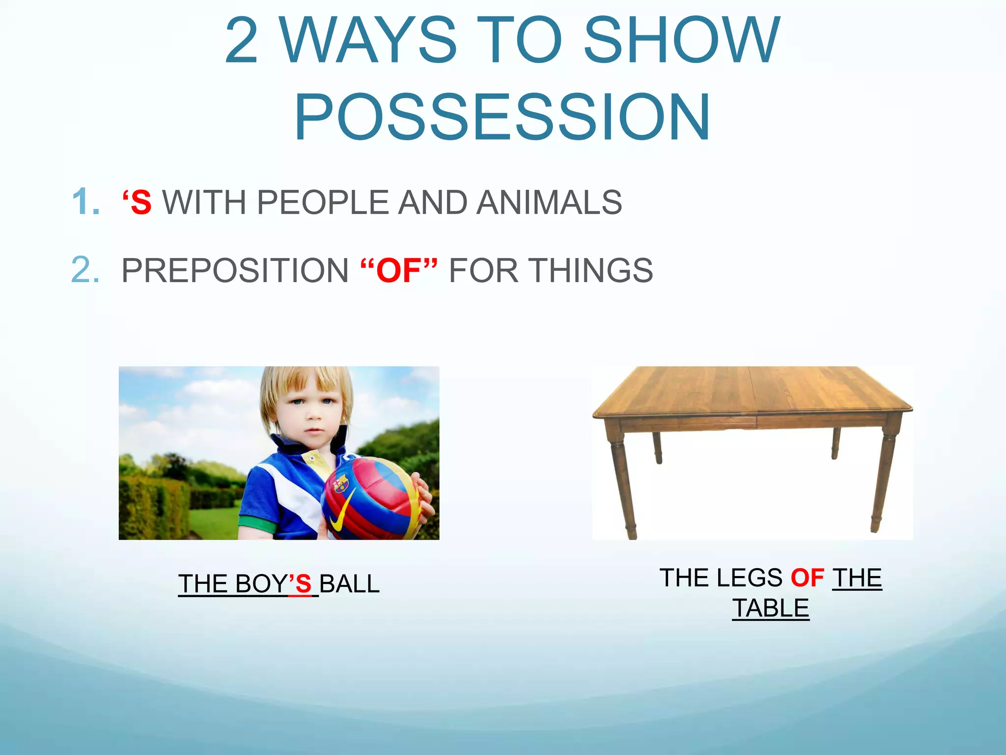 2 WAYS TO SHOW
POSSESSION
1. „S WITH PEOPLE AND ANIMALS

2. PREPOSITION “OF” FOR THINGS

THE BOY‟S BALL

THE LEGS OF THE
TABLE

 