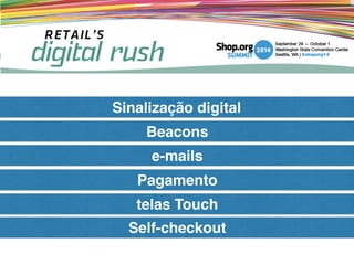 Sinalização digital
Beacons
e-mails
Pagamento
telas Touch
Self-checkout
 
