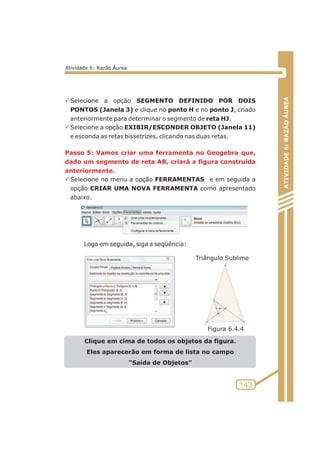 PSelecione a opção SEGMENTO DEFINIDO POR DOIS 
PONTOS (Janela 3) e clique no ponto H e no ponto J, criado 
ÁUREA 
anteriormente para determinar o segmento de reta HJ. 
PSelecione a opção EXIBIR/ESCONDER OBJETO (Janela 11) 
RAZÃO e esconda as retas bissetrizes, clicando nas duas retas. 
6: Passo 5: Vamos criar uma ferramenta no Geogebra que, 
dado um segmento de reta AB, criará a figura construída 
anteriormente. ATIVIDADE PSelecione no menu a opção FERRAMENTAS e em seguida a 
opção CRIAR UMA NOVA FERRAMENTA como apresentado 
abaixo. 
Logo em seguida, siga a seqüência: 
Clique em cima de todos os objetos da figura. 
Eles aparecerão em forma de lista no campo 
“Saída de Objetos” 
143 
Atividade 6: Razão Áurea 
Triângulo Sublime 
Figura 6.4.4 
 