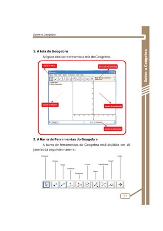 1. A tela do Geogebra 
A figura abaixo representa a tela do Geogebra. 
2. A Barra de Ferramentas do Geogebra 
Janela de Construção 
A barra de ferramentas do Geogebra está dividida em 10 
janelas da seguinte maneira: 
Barra de Ferramentas 
Barra de Menu 
Janela de Comandos 
Janela de Álgebra 
Sobre o Geogebra 
17 
Sobre o Geogebra 
Ponteiro 
Pontos 
Retas 
Polígonos 
Curvas 
Construir 
Medir 
Exibir 
Transformar 
Inseri r 
 