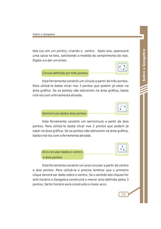 tela (ou em um ponto), criando o centro. Após isso, aparecerá 
uma caixa na tela, solicitando a medida do comprimento do raio. 
Digite-a e der um enter. 
Círculo definido por três pontos 
Esta ferramenta constrói um círculo a partir de três pontos. 
Para utilizá-la basta clicar nos 3 pontos que podem já estar na 
área gráfica. Se os pontos não estiverem na área gráfica, basta 
criá-los com a ferramenta ativada. 
Semicírculo dados dois pontos 
Esta ferramenta constrói um semicírculo a partir de dois 
pontos. Para utilizá-la basta clicar nos 2 pontos que podem já 
estar na área gráfica. Se os pontos não estiverem na área gráfica, 
basta criá-los com a ferramenta ativada. 
Arco circular dados o centro 
e dois pontos 
Esta ferramenta constrói um arco circular a partir do centro 
e dois pontos. Para utilizá-la e preciso lembrar que o primeiro 
clique deverá ser dado sobre o centro. Se o sentido dos cliques for 
anti-horário o Geogebra construirá o menor arco definido pelos 3 
pontos. Se for horário será construído o maior arco. 
Sobre o Geogebra 
25 
Sobre o Geogebra 
 