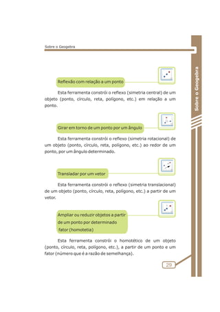 Reflexão com relação a um ponto 
Esta ferramenta constrói o reflexo (simetria central) de um 
objeto (ponto, círculo, reta, polígono, etc.) em relação a um 
ponto. 
Girar em torno de um ponto por um ângulo 
Esta ferramenta constrói o reflexo (simetria rotacional) de 
um objeto (ponto, círculo, reta, polígono, etc.) ao redor de um 
ponto, por um ângulo determinado. 
Transladar por um vetor 
Esta ferramenta constrói o reflexo (simetria translacional) 
de um objeto (ponto, círculo, reta, polígono, etc.) a partir de um 
vetor. 
Ampliar ou reduzir objetos a partir 
de um ponto por determinado 
fator (homotetia) 
Esta ferramenta constrói o homotético de um objeto 
(ponto, círculo, reta, polígono, etc.), a partir de um ponto e um 
fator (número que é a razão de semelhança). 
Sobre o Geogebra 
29 
Sobre o Geogebra 
 