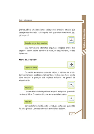gráfica, abrirá uma caixa onde você poderá procurar a figura que 
deseja inserir na tela. Essa figura tem que estar no formato jpg, 
gif,png e tif. 
Relação entre dois objetos 
Esta ferramenta identifica algumas relações entre dois 
objetos: se um objeto pertence a outro, se são paralelos, se são 
iguais etc. 
Menu da Janela 10 
Deslocar eixos 
Com esta ferramenta pode-se mover o sistema de eixos, 
bem como todos os objetos nele contido. É ideal para fazer ajuste 
com relação a posição dos objetos exibidos na janela de 
visualização. 
Ampliar 
Com esta ferramenta pode-se ampliar as figuras que estão 
na área gráfica. Como se estivesse aumentando o zoom. 
Reduzir 
Com esta ferramenta pode-se reduzir as figuras que estão 
na área gráfica. Como se estivesse diminuindo o zoom. 
Sobre o Geogebra 
31 
Sobre o Geogebra 
 