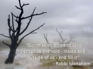 “Our mission on earth is to recognize the void - inside and outside of us - and fill it” 				- Rabbi Menahem