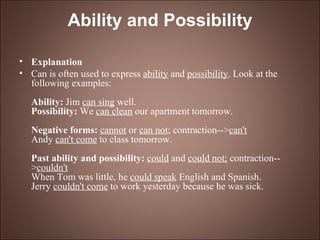 Ability and Possibility Explanation Can is often used to express  ability  and  possibility . Look at the following examples: Ability:  Jim  can sing  well. Possibility:  We  can clean  our apartment tomorrow. Negative forms:   cannot  or  can not ; contraction--> can't Andy  can't come  to class tomorrow. Past ability and possibility:   could  and  could not;  contraction--> couldn't When Tom was little, he  could speak  English and Spanish. Jerry  couldn't come  to work yesterday because he was sick. 
