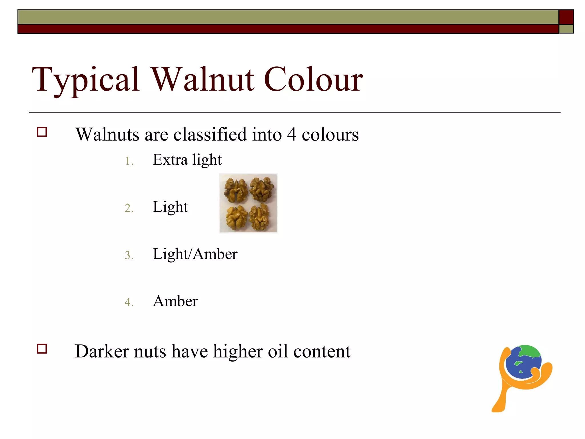 Typical Walnut Colour
 Walnuts are classified into 4 colours
1. Extra light
2. Light
3. Light/Amber
4. Amber
 Darker nuts have higher oil content
 
