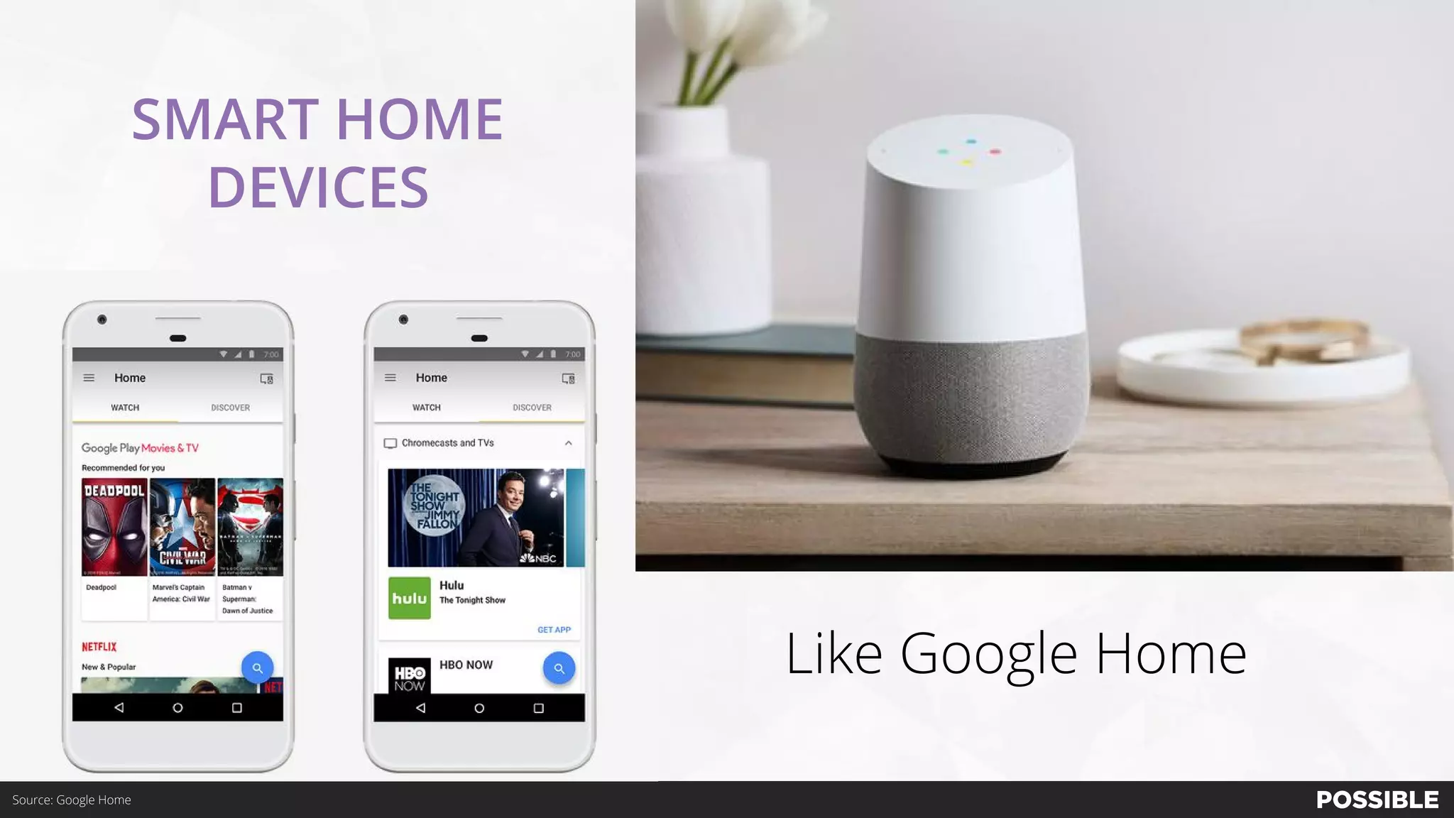 Like Google Home
SMART HOME
DEVICES
Source: Google Home
 