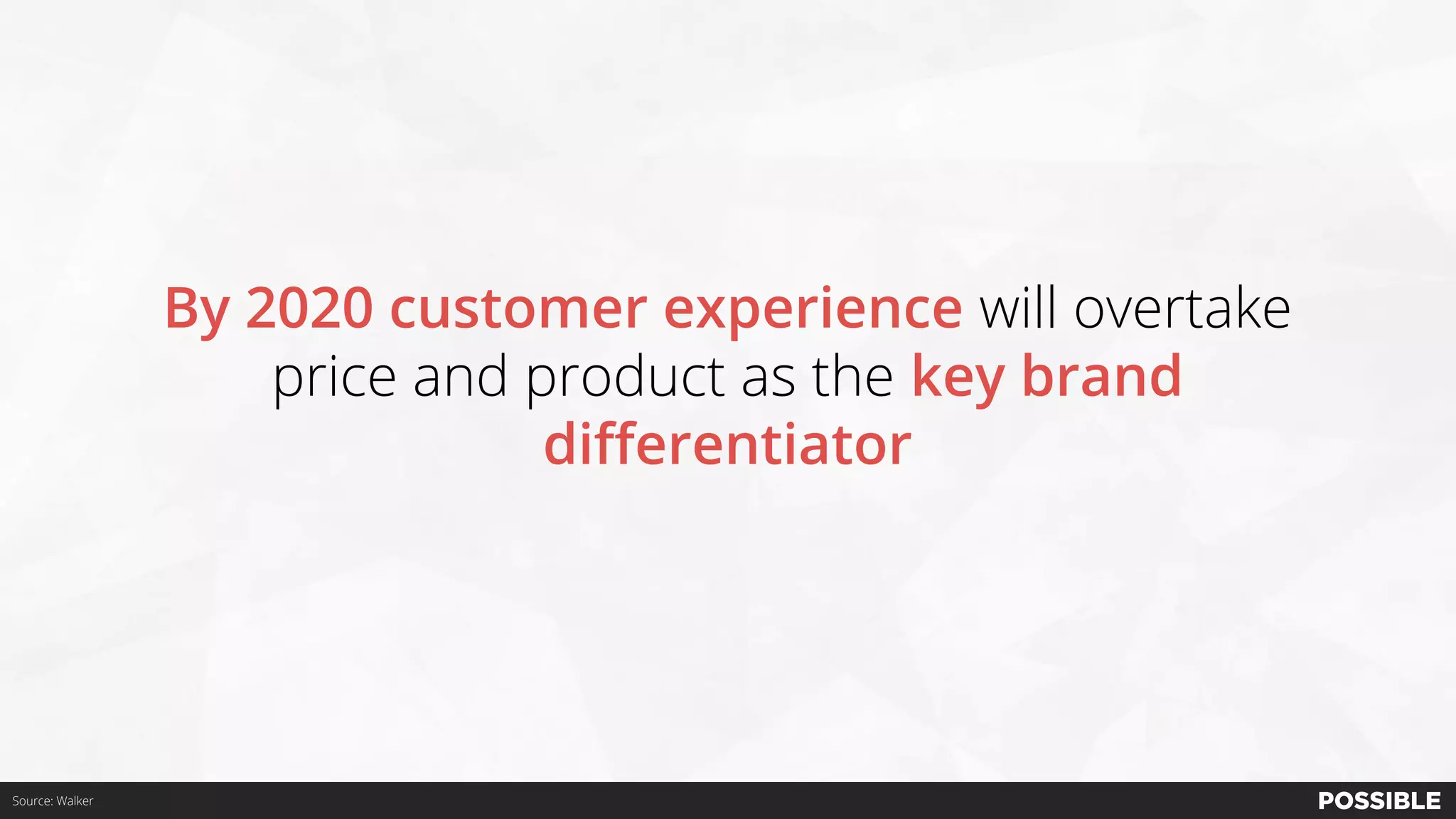 Source: Walker
By 2020 customer experience will overtake
price and product as the key brand
differentiator
 