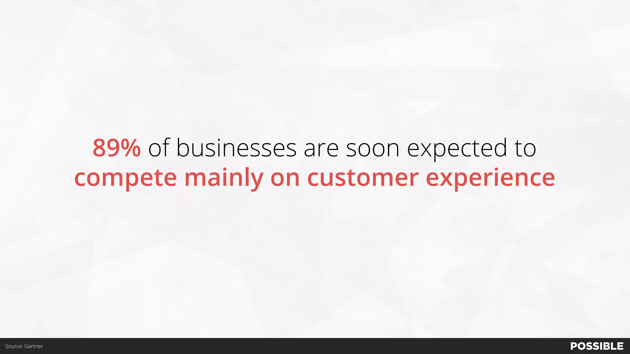 Source: Gartner
89% of businesses are soon expected to
compete mainly on customer experience
 