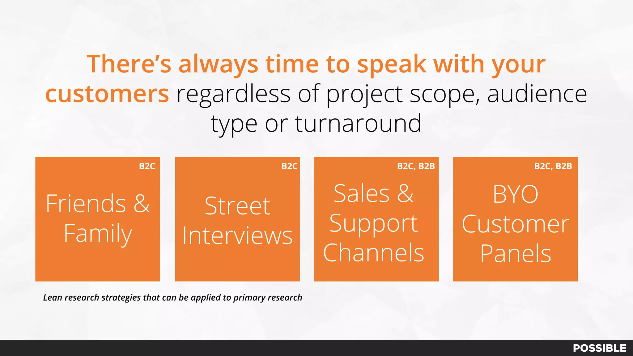 There’s always time to speak with your
customers regardless of project scope, audience
type or turnaround
Friends &
Family
BYO
Customer
Panels
Street
Interviews
Sales &
Support
Channels
Lean research strategies that can be applied to primary research
B2C B2C B2C, B2B B2C, B2B
 