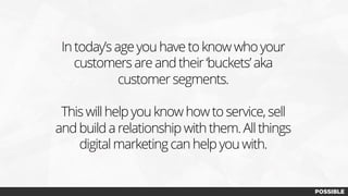 In today’s age you have to know who your
customers are and their ‘buckets’ aka
customer segments.
This will help you know how to service, sell
and build a relationship with them. All things
digital marketing can help you with.
 