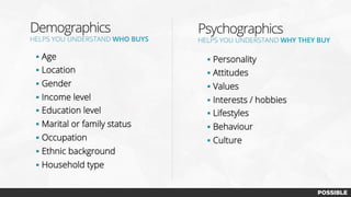 Demographics
HELPS YOU UNDERSTAND WHO BUYS
Psychographics
HELPS YOU UNDERSTAND WHY THEY BUY
§  Age 
§  Location
§  Gender
§  Income level
§  Education level
§  Marital or family status
§  Occupation
§  Ethnic background
§  Household type
§  Personality
§  Attitudes
§  Values
§  Interests / hobbies
§  Lifestyles
§  Behaviour
§  Culture
 