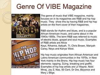Genre Of VIBE Magazine
       The genre of music that VIBE magazine, mainly
       focuses on in its magazines are R&B and hip hop
       music. They show this by having R&B and hip hop
       artists on the front cover of their magazines.

       R&B stands for rhythm and blues, and is a popular
       African American music, and came about in the
       1940s-1950s. The term R&B was referred to music
       of electric blues, gospel and soul music. Examples
       of R&B artists are Alicia
       Keys, Rihanna, Aaliyah, TI, Chris Brown, Mariyah
       Carey, Neyo and Kanye West.

       Hip hop music originates from African American and
       Latino American communities in the 1970s, in New
       York mainly in the Bronx. Hip hop music has four
       elements: rapping, DJing, breaking and graffiti.
       Examples of hip hop artists are Lil Wayne, Nicki
       Minaj, Jay Z, Nas, 50 Cent, Dr Dre, Beyonce and
       Mary J Blige.
 