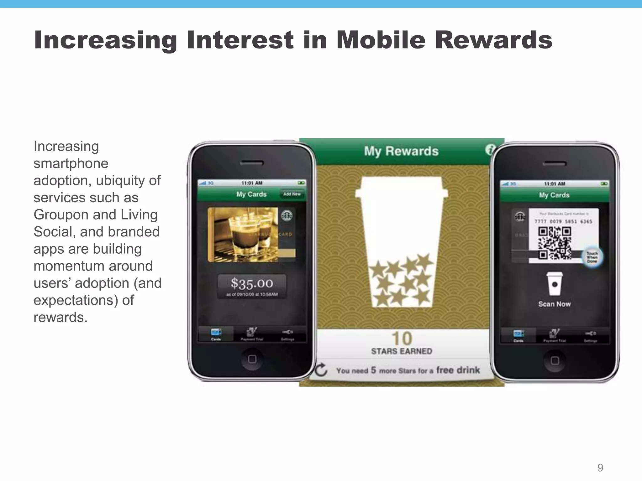 Increasing Interest in Mobile Rewards



Increasing
smartphone
adoption, ubiquity of
services such as
Groupon and Living
Social, and branded
apps are building
momentum around
users’ adoption (and
expectations) of
rewards.




                                        9
 