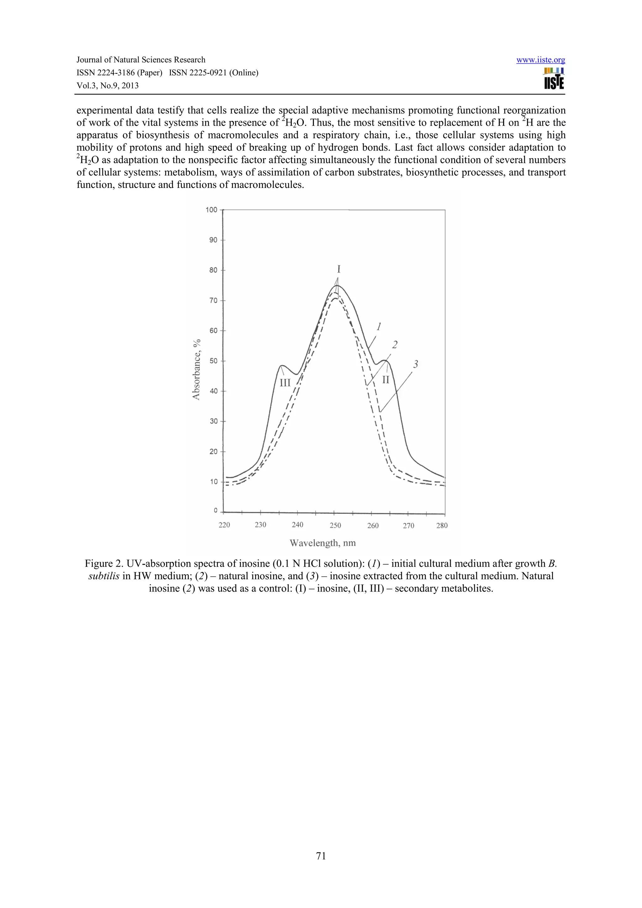 Journal of Natural Sciences Research www.iiste.org
ISSN 2224-3186 (Paper) ISSN 2225-0921 (Online)
Vol.3, No.9, 2013
71
experimental data testify that cells realize the special adaptive mechanisms promoting functional reorganization
of work of the vital systems in the presence of 2
H2O. Thus, the most sensitive to replacement of Н on 2
H are the
apparatus of biosynthesis of macromolecules and a respiratory chain, i.e., those cellular systems using high
mobility of protons and high speed of breaking up of hydrogen bonds. Last fact allows consider adaptation to
2
H2O as adaptation to the nonspecific factor affecting simultaneously the functional condition of several numbers
of cellular systems: metabolism, ways of assimilation of carbon substrates, biosynthetic processes, and transport
function, structure and functions of macromolecules.
Figure 2. UV-absorption spectra of inosine (0.1 N HCl solution): (1) – initial cultural medium after growth B.
subtilis in HW medium; (2) – natural inosine, and (3) – inosine extracted from the cultural medium. Natural
inosine (2) was used as a control: (I) – inosine, (II, III) – secondary metabolites.
 