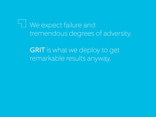 We expect failure and
tremendous degrees of adversity.
GRIT is what we deploy to get
remarkable results anyway.
 