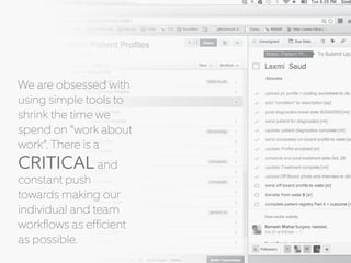 We are obsessed with
using simple tools to
shrink the time we
spend on “work about
work”. There is a
CRITICALand
constant push
towards making our
individual and team
workflows as efficient
as possible.
 