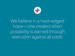Plus, Google found that
dependability is the
2nd most important
contributing factor
to team performance.
Psychological Safety1
2
3
4
5
Team members feel safe to take risks and
be vulerable in front of each other.
Team members have clear roles,
plans, and goals.
Work is personally important
to team members.
Team members think their work matters
and creates change.
Team members get things done on time and
meet Possible’s high bar for excellence.
Dependability
Structure and Clarity
Meaning
Impact
ADAPTED FROM GOOGLE RE:WORK 2016
 