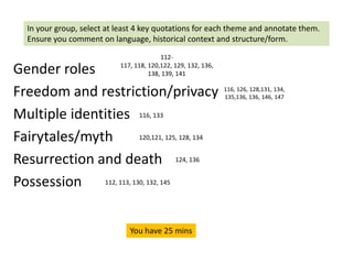 In your group, select at least 4 key quotations for each theme and annotate them.
   Ensure you comment on language, historical context and structure/form.

                                          112-

Gender roles                117, 118, 120,122, 129, 132, 136,
                                      138, 139, 141

Freedom and restriction/privacy                                 116, 126, 128,131, 134,
                                                                135,136, 136, 146, 147


Multiple identities 116, 133
Fairytales/myth        120,121, 125, 128, 134


Resurrection and death 124, 136
Possession 112, 113, 130, 132, 145


                               You have 25 mins
 